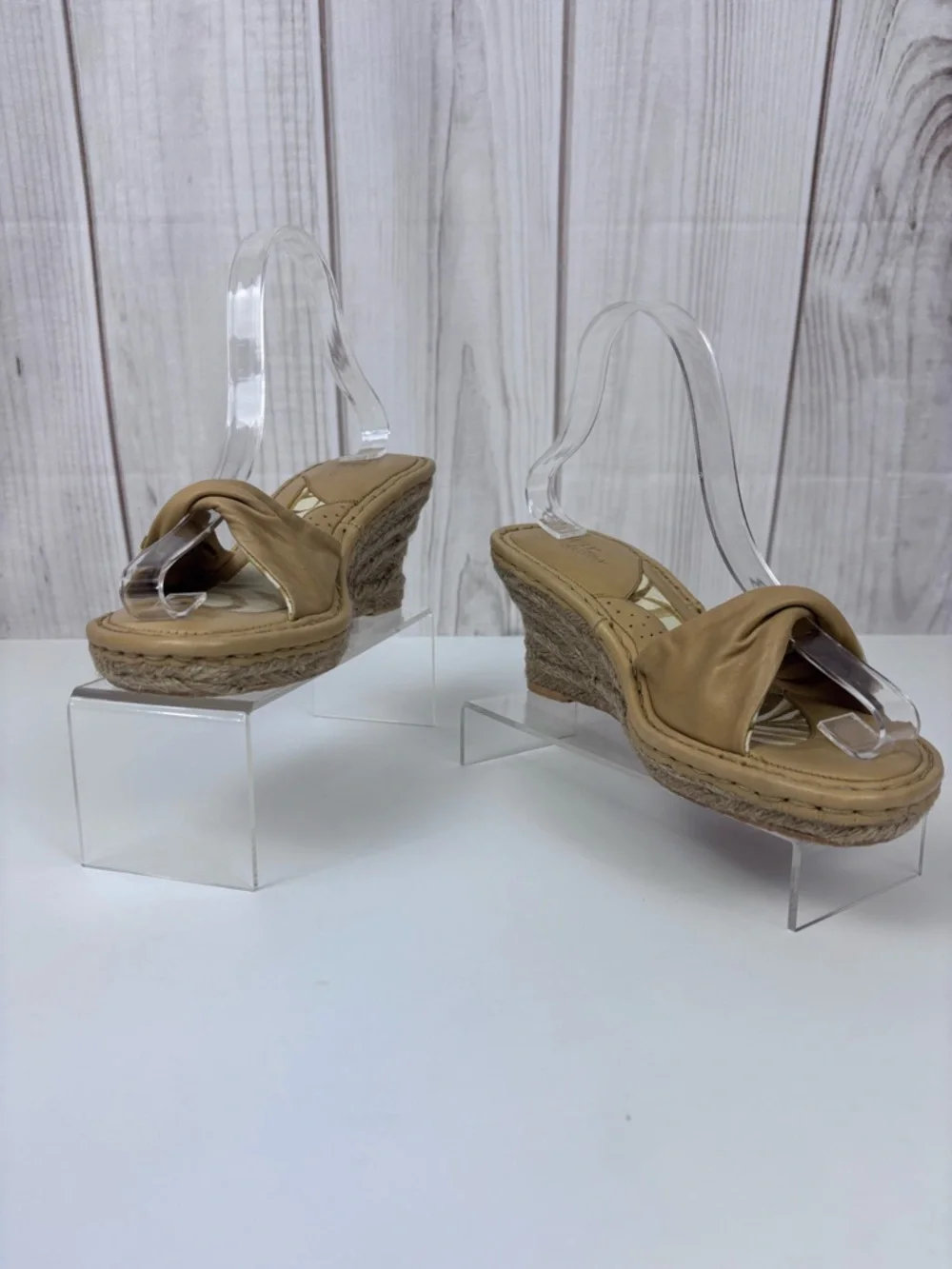 Born Drilles Espadrille Wedge Slide Sandals Leather Fabric Boho Slip-On Tan 8 - Picture 3 of 16